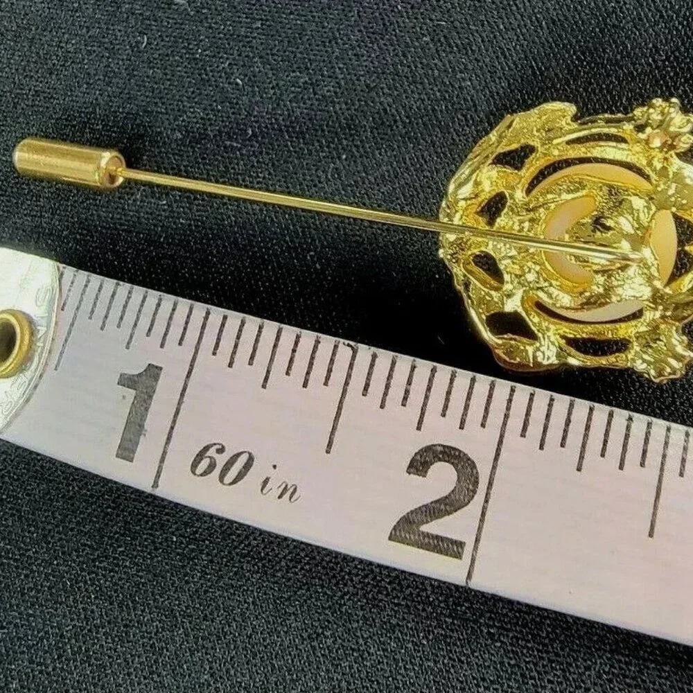 Vintage 10K Gold-Plated Filigree Lapel Pin w/ Rhinestones & Imitation Pearl 2.5